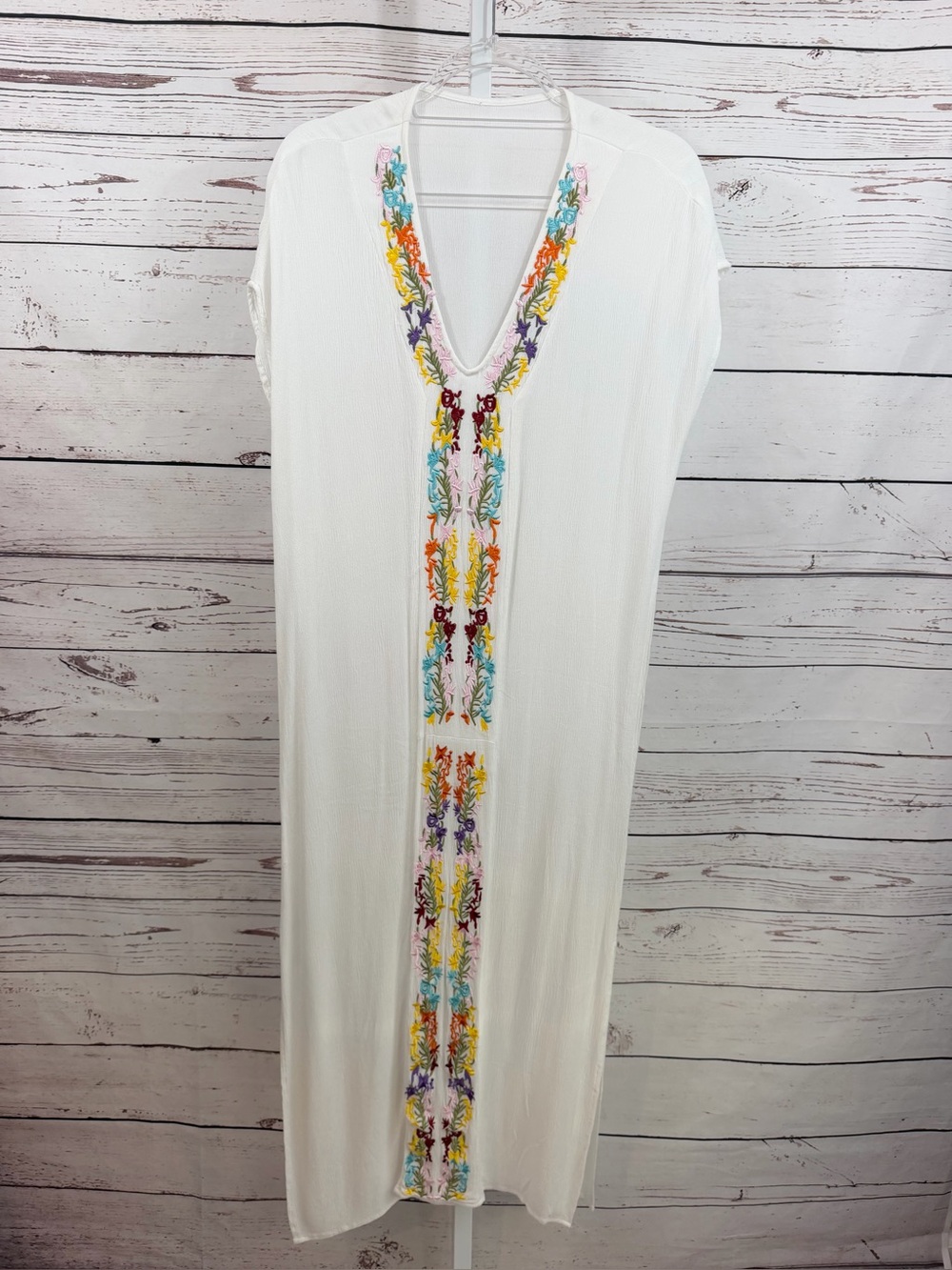 White Embroidered Maxi Kaftan Dress Floral Boho Resort Beach Cover Up S/M
